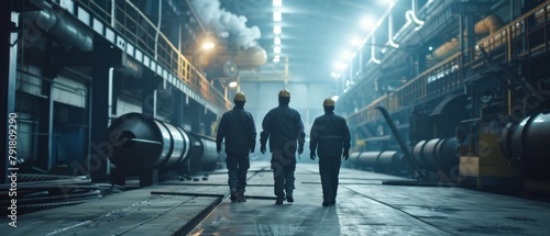 The following picture shows three engineers walking through a heavy industry manufacturing facility. Behind them is welding work in progress, various metal work, and components of a pipeline or