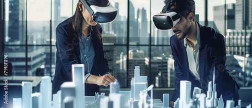 Wearing Augmented Reality Headsets, Architects work with 3D city models. High tech office professionals use virtual reality modeling software.