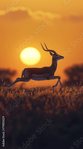 An impala in full stride crosses the savanna, its streamlined body perfectly spotlighted by the warm glow of the setting sun