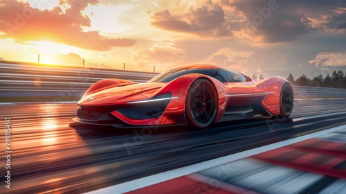A red futuristic sports car is speeding down a race track.