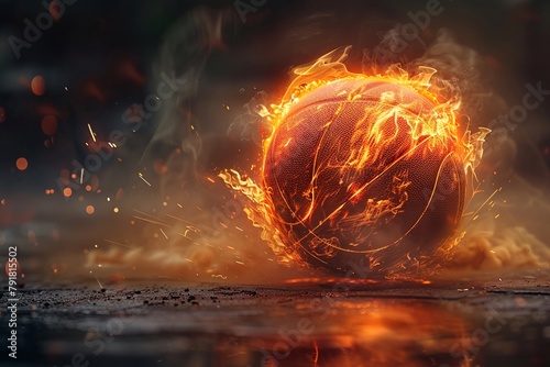 A photorealistic basketball on fire with detailed sparks and smoke, focus on texture