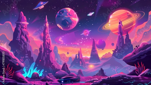 Spaceships, interstellar shuttle and assets hover above alien planet with flying rocky platforms, fantasy game design, extraterrestrial landscape Cartoon modern illustration
