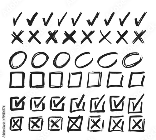 Doodle Cross And Check Marks, Square Boxes And Circle Frames Manuscript Writing Elements. Vector X and V Symbols