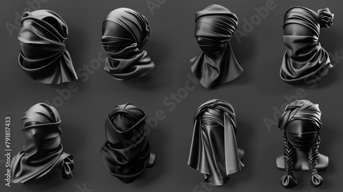 The 3D mockup includes headwear that includes a scarf or bandana, turban, kerchiefs, hats, clipart, realistic modern illustration, and headbands.