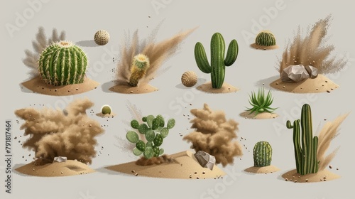 The brown dust clouds and tumbleweed, dry weed balls are isolated on a gray background. Modern realistic set of flow sand, green desert plants and rolling dry bushes, old tumble grass in the prairie.