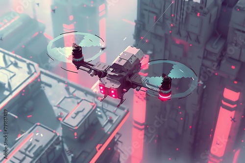 Illustrate a futuristic drone patrol from a high angle using pixel art, conveying a sense of surveillance and tension Experiment with unexpected camera angles to capture the scene from a unique perspe