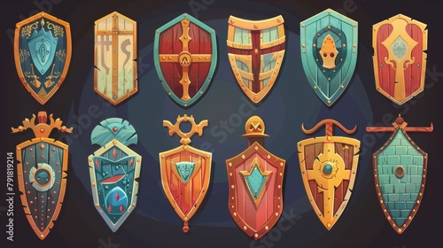 A set of game shields, illustrated fantasy medieval armor. Knight ammo, iron or wooden guard collection, UI elements, screen shots of military screens, isolated modern icons, clip art.
