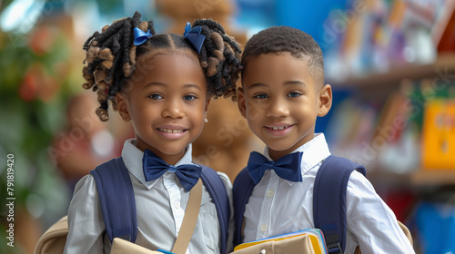 Two young children in school uniforms with backpacks and books smiling in front of a colorful, blurred background, evoking a school setting.