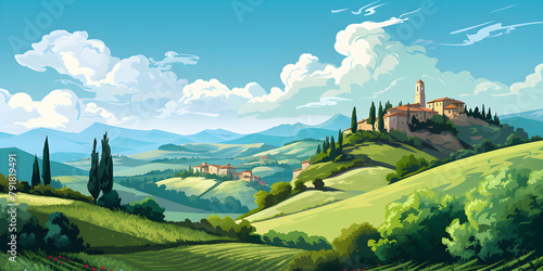 Illustration of beautiful Italian rural landscape with small village 