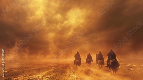 four horsemen of the apocalypse riding through desert landscape ominous biblical scene