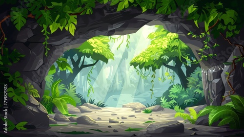 2D nature landscape with jungle cave entrance, green trees and lianas. Cartoon underground tunnel scenery view with separate layers for video game scene.