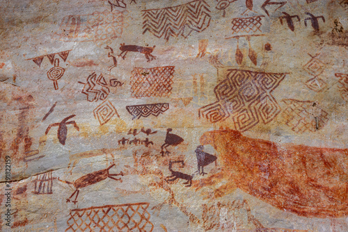 Ancient rock paintings in San Jose del Guaviare, Colombia, showcasing intricate designs and animal figures