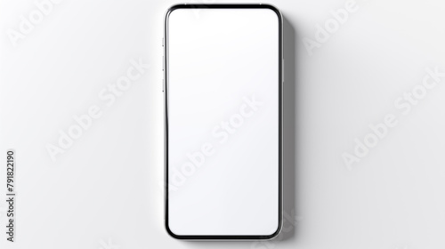 Modern phone mockup with blank screen on clean, white surface. Minimalistic presentation. Simple mobile template device advertising image. Technology concept cellphone mock up