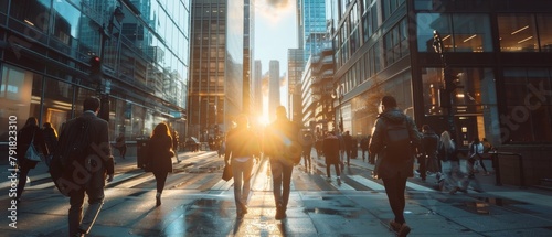 Pedestrians dress smartly for a commuting morning or a shopping trip downtown. Successful people walking in downtown on a cloudy day. Office Managers and Business People commute to work on foot on a