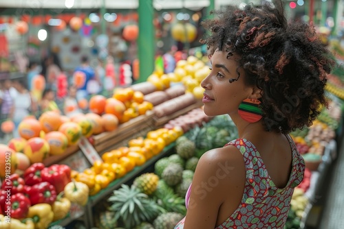 An anonymized woman browsing a colorful array of fruits and vegetables at an indoor market