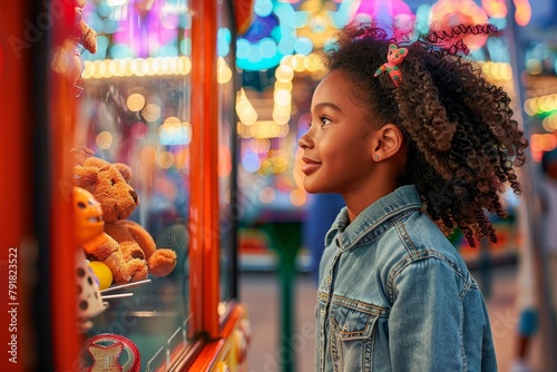 A young girl stands enchanted by vibrant carnival games and prizes, longing for a win at the funfair