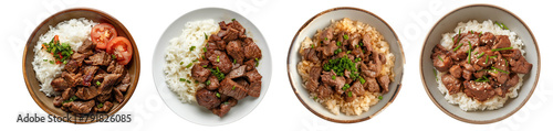 Collection of Savory beef stir-fry served with white rice, fresh herbs, isolated on a white background