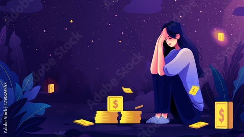 An illustration of a depressed woman losing money in bankruptcy. A concept of crisis, financial problems, company debt, and credit. Modern landing page with a rough illustration of a bankrupt person