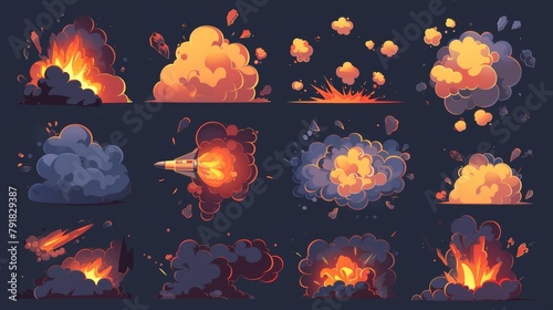 Blast effect from explosion of bomb or rocket. Modern animation sprite sheet of burst with fire and black smoke clouds. Set of cartoon blast effects from dynamite, bomb, or atomic weapon.