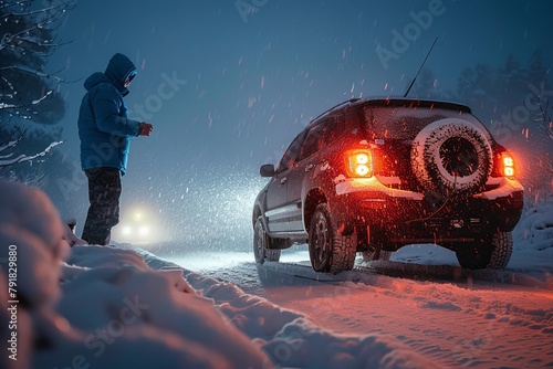 A winter scene with a person looking at the snow-covered SUV during a cold, snowy night, creating an adventurous atmosphere