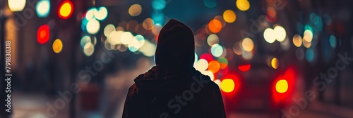 A mysterious figure in a hoodie stands in a city street with colorful bokeh lights Evokes senses of solitude and anonymity in urban life