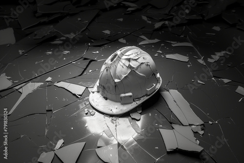 A broken white had hat helmet amidst shattered construction pieces represents danger and the fragility of safety measures