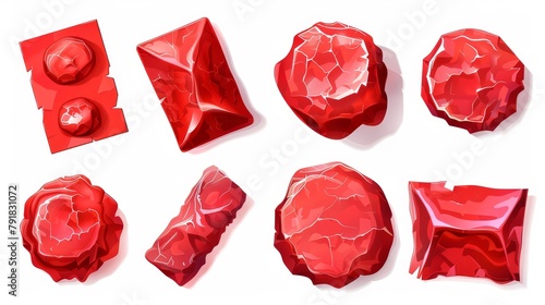 3D modern realistic set illustrations of red sticker paper texture, wrinkled adhesive label or price tag, crumpled glue badge. Plastic round and rectangular badges isolated on white.