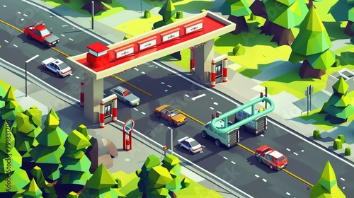 Modern banner of a toll road with an isometric illustration of cars at checkpoint booths and barrier gates. Illustration of a traffic control system with payment for transport on a highway.