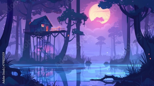 A wooden stilt house stands over a swamp, an abandoned shack stands on piles in the forest, a witch's hut, a panoramic game background, a fantasy mystic landscape with a marsh pond Cartoon modern