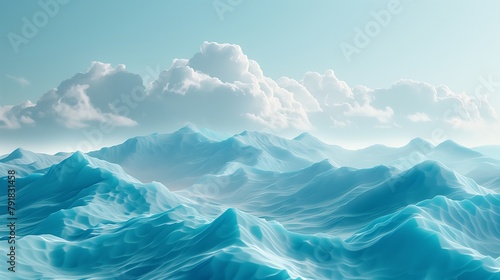 Mountains with white clouds as background, glowing 3d objects.