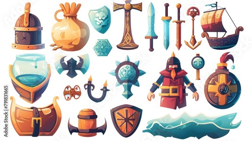 Illustration of medieval knights, norse barbarians, and potions in viking helmets, swords, ships, and celtic crosses. Modern comic illustration set.