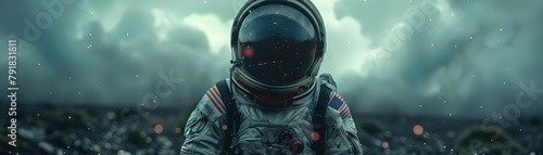 An astronaut is standing on the surface of a distant planet. The astronaut is looking at the camera. The planet is covered in a thick layer of snow. The sky is dark and cloudy.