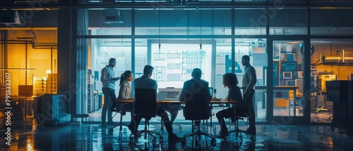 A team of engineers gathers around a conference table in the factory office, examines mechanisms, seeks solutions, uses a laptop. Industrial Technology Factory Meeting Room.