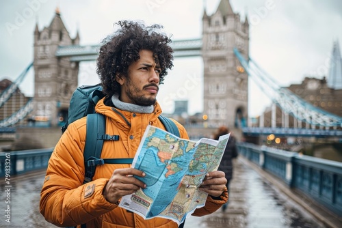 Male tourist with a backpack consults a map against the scenic Tower Bridge in London