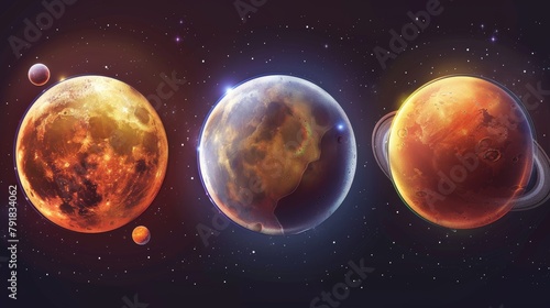 A detailed depiction of Mars, Mercury, and the Moon of the solar system. A modern representation of realistic 3d galaxy objects isolated on a transparent background. Astronomy science and space