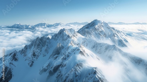 A stunning photograph of the snowcovered Andes range, showcasing breathtaking mountain scenery in New Zealand's Alps,The towering peaks rise above clouds and mist.