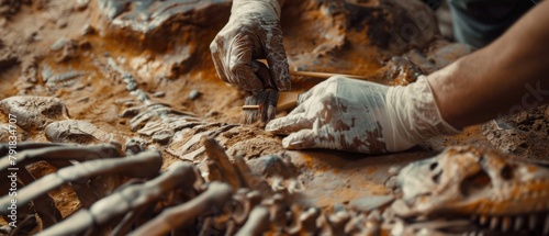 In this image, a paleontologist cleans the Tyrannosaurus Dinosaur Skeleton with brushes. In this image, archeologists discover fossil remains of new predator species. In this picture, they dig up a