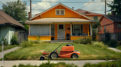 A vibrant orange house in a suburban neighborhood stands out, its lively color contrasted with an unkempt yard where an orange lawn mower awaits its task amidst the long grass.