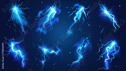 Electric energy impacts, shiny thunderstorm discharges with sparks isolated on dark background, modern cartoon set of blue lightnings and thunderbolts.
