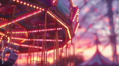 Twilight Carousel Ride with Ferris Wheel Background at a Festive Fairground