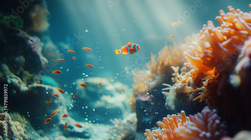 Underwater world of the ocean. Bright beautiful fish and colored corals in the sea.