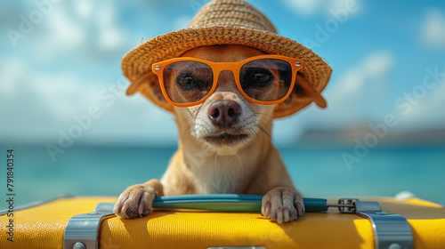 Cute dog chihuahua in sunglasses and a hat on a suitcase against the background of the sea. The concept of traveling or on vacation with your dog.