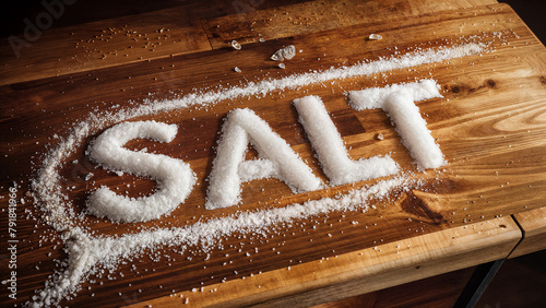 Sprinkled white sea salt letters spelling the word 'salt' on an old wooden kitchen table.