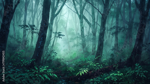 A mysterious forest shrouded in mist, with beams of soft, ethereal light filtering through the trees, AI Generative