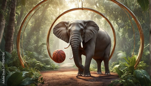 An elephant throws the ball at the basket. This is a 3d render illustration, 4k wallpaper design