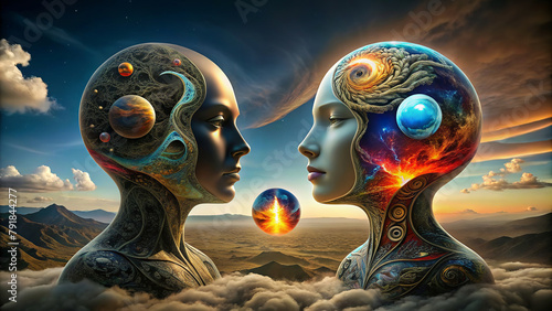 Two surreal heads are depicted facing each other against a backdrop of clouds and mountainous terrain, with space and celestial bodies occupying their cranial cavities.AI generated.