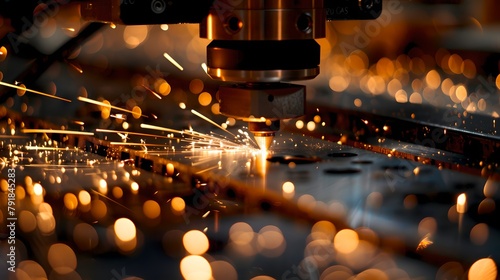 Precision Engineering and Technology in Action. Laser Cutting Metal, Sparks Flying, Industrial Background. High-Quality Manufacturing Process. Photo for Tech and Innovation. AI
