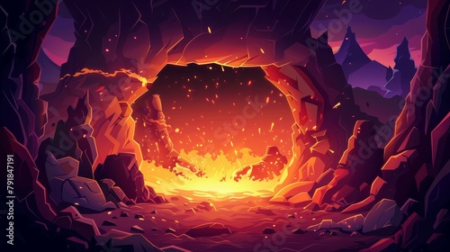 The dark underground mystery tunnel hole entrance in mountain is surrounded by molten lava flowing from a hole in the cave. Cartoon modern hell scene with orange volcanic magma flowing through the