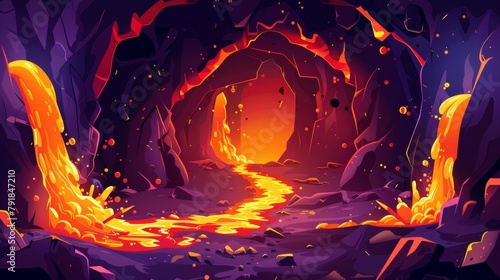 An interior of a volcano with splashes and sparkles, with red and orange magma flowing between stone walls. Illustration of landscape in a cave with a hot lava river. Volcano interior game