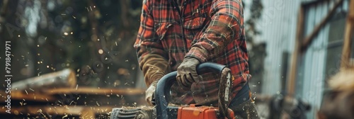 Professional Timber Worker with His Gasoline Wood Cutter. International Workers' Day concept. Labor day